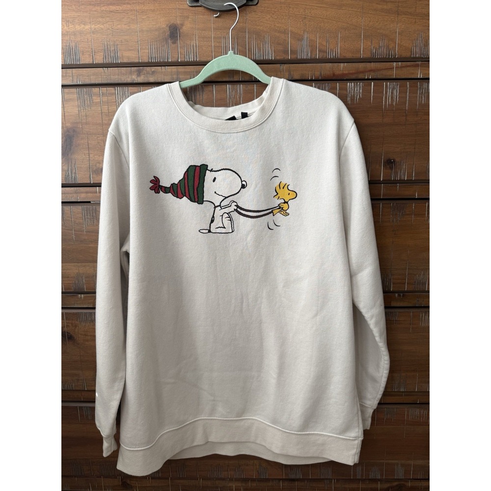 Peanuts Snoopy Woodstock Christmas Sweatshirt XL Cream Holiday Winter Graphic